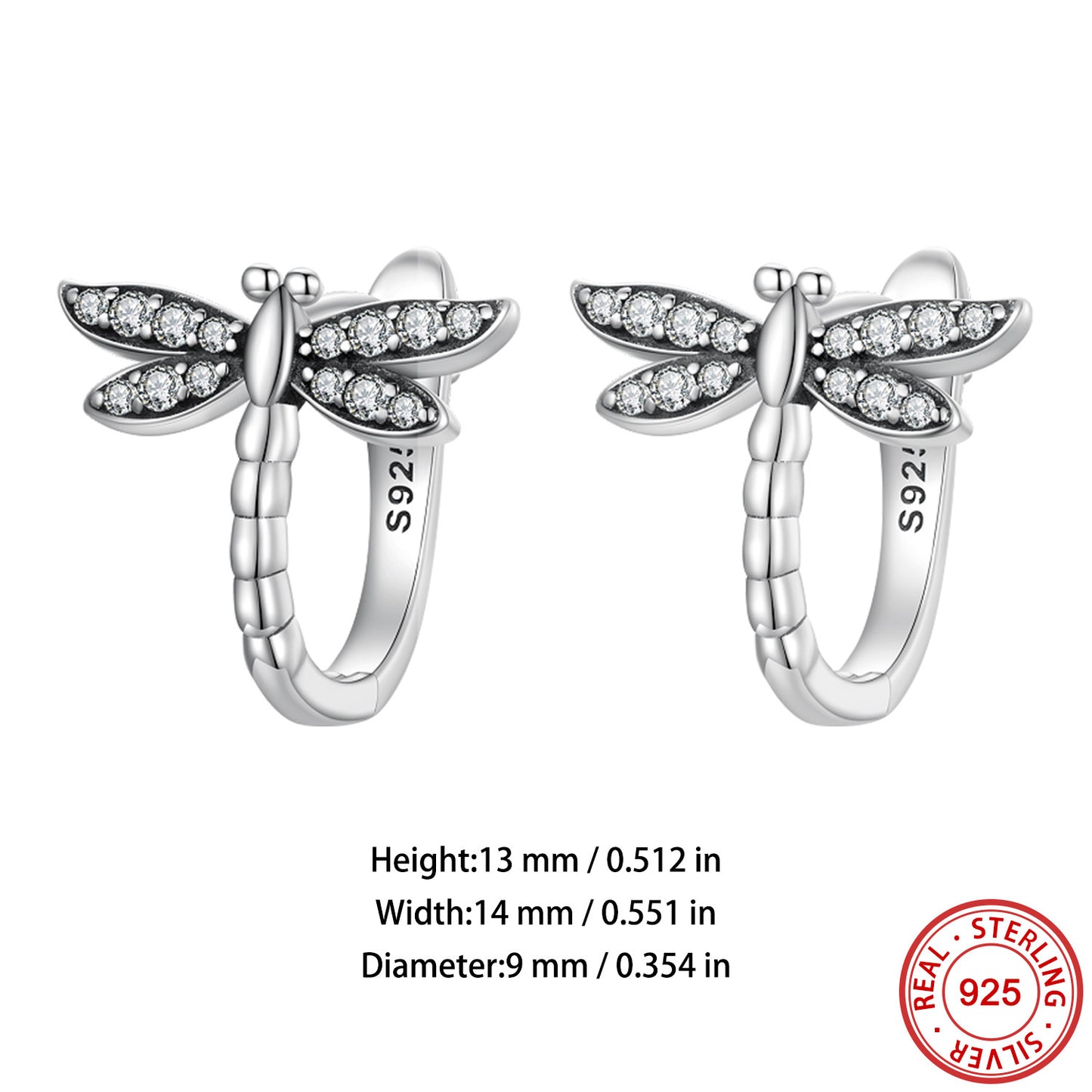 Sterling 925 Silver Jewelry Exquisite Dragonfly Pattern Shiny Zircon Decor Hoop Earrings Elegant Pastoral Style Female Gift