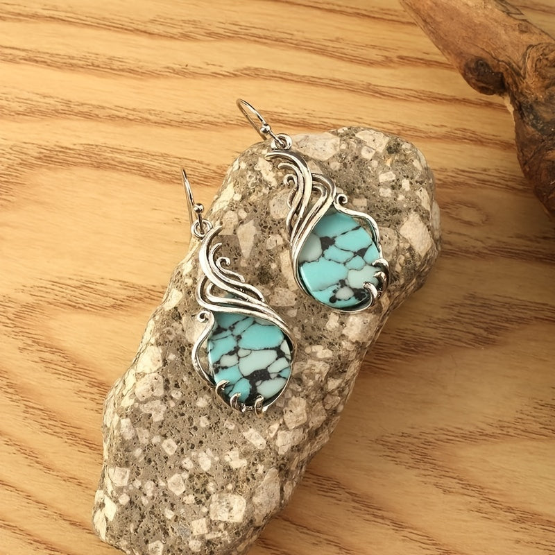Teardrop Shape Turquoise Design Dangle Earrings Retro Bohemian Style Zinc Alloy Silver Plated Jewelry Daily Casual