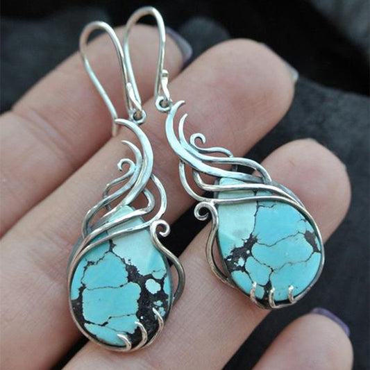 Teardrop Shape Turquoise Design Dangle Earrings Retro Bohemian Style Zinc Alloy Silver Plated Jewelry Daily Casual