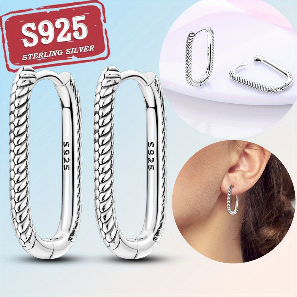 Exquisite 925 Sterling Silver Hypoallergenic Hoop Earrings U Shaped With Twisted Pattern Elegant Vintage Style Female Jewelry