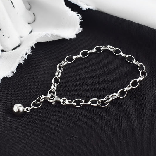 925 Sterling Silver Chunky Chain With Round Bead Pendant Bracelet, Personality Hand Decoration Silver Color Jewelry