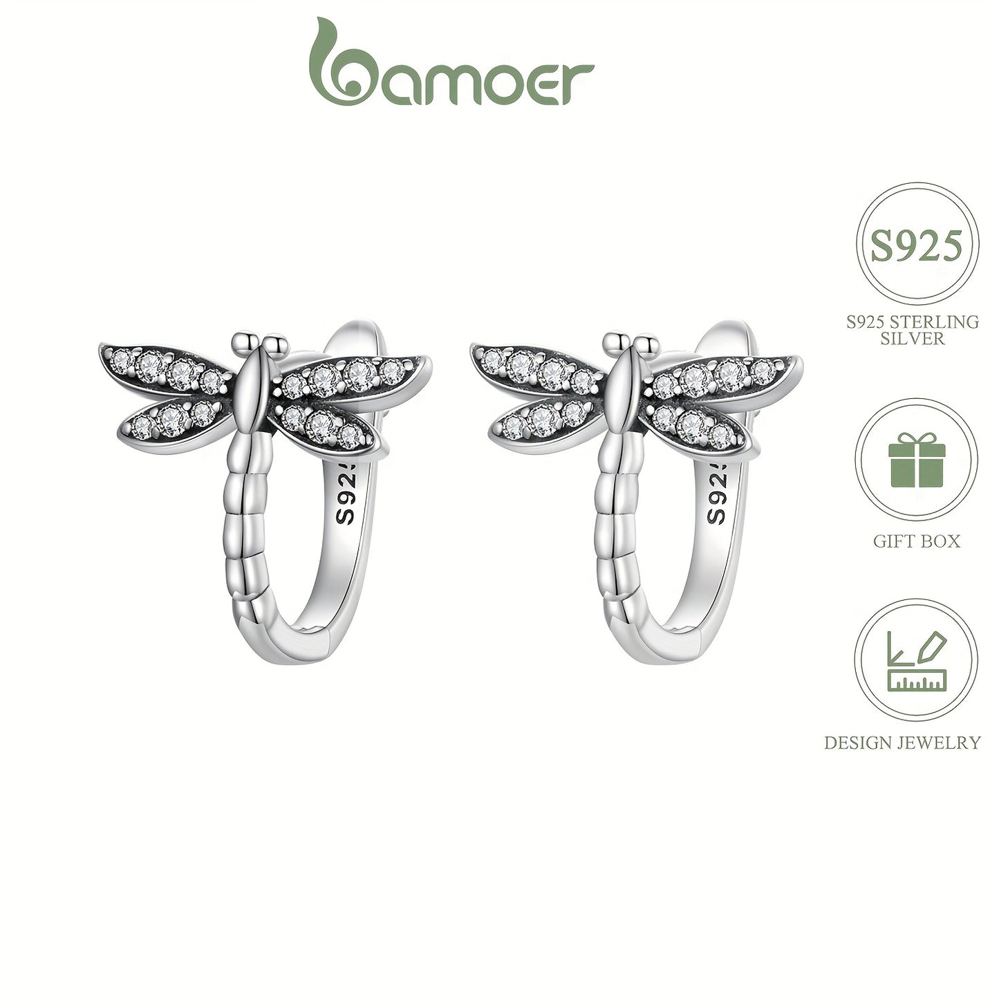 Sterling 925 Silver Jewelry Exquisite Dragonfly Pattern Shiny Zircon Decor Hoop Earrings Elegant Pastoral Style Female Gift