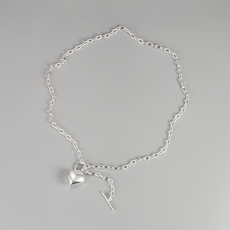 Retro 925 Sterling Silver Heart Necklace With OT Buckle Simple Clavicle Chain Silver Color Necklace